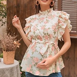 Maternity Allover Floral Print Frill Neck Belted Top blouse